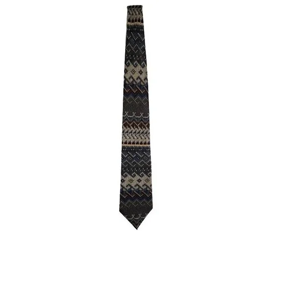 Henri Christian New York Paris Mens All Silk Tie Fair Isle Beige Blue 4" x 62" - Picture 1 of 4